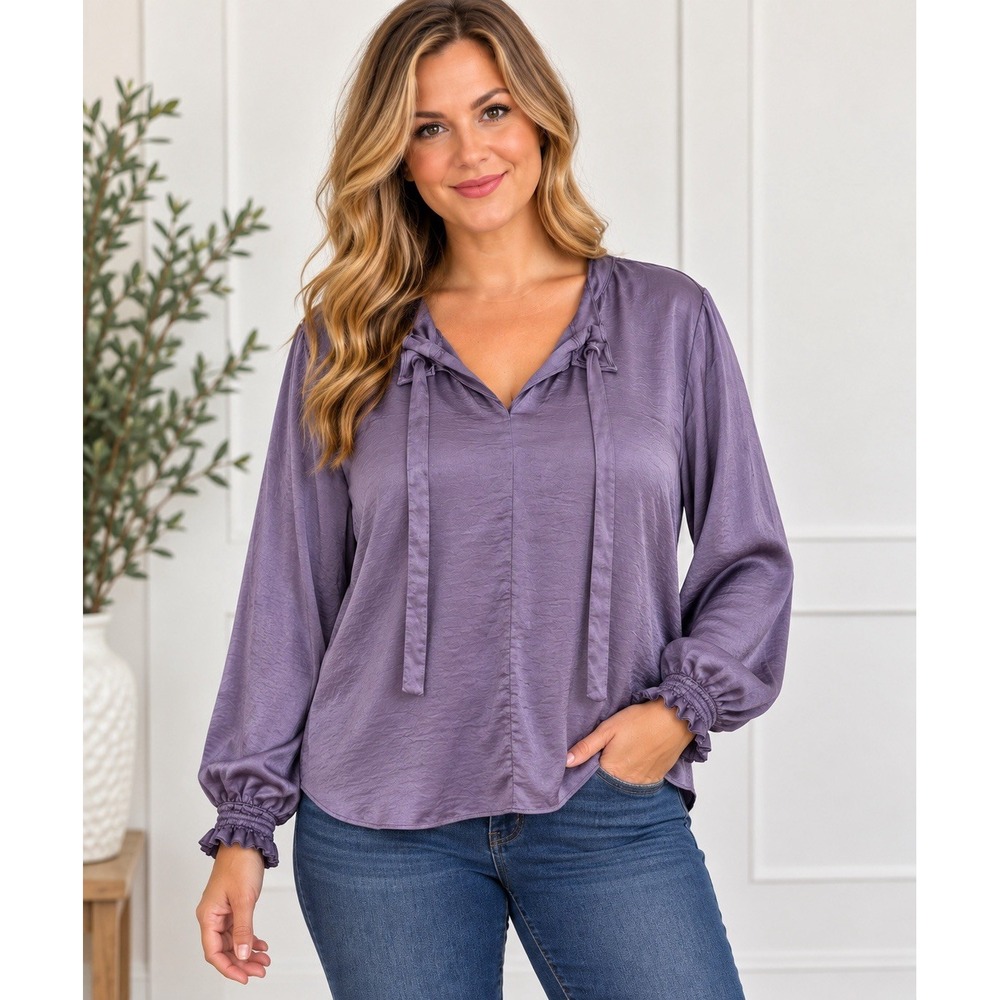 Simply Vera Vera Wang Blouse XL Purple Satin High Low Long Sleeve Tunic To